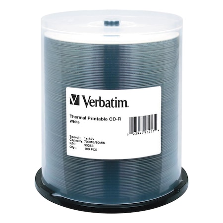 Verbatim CD-R DataLifePlus Printable Recordable Disc, 700 MB/80 min, 52x, Spindle, White, PK100, 100PK 95253